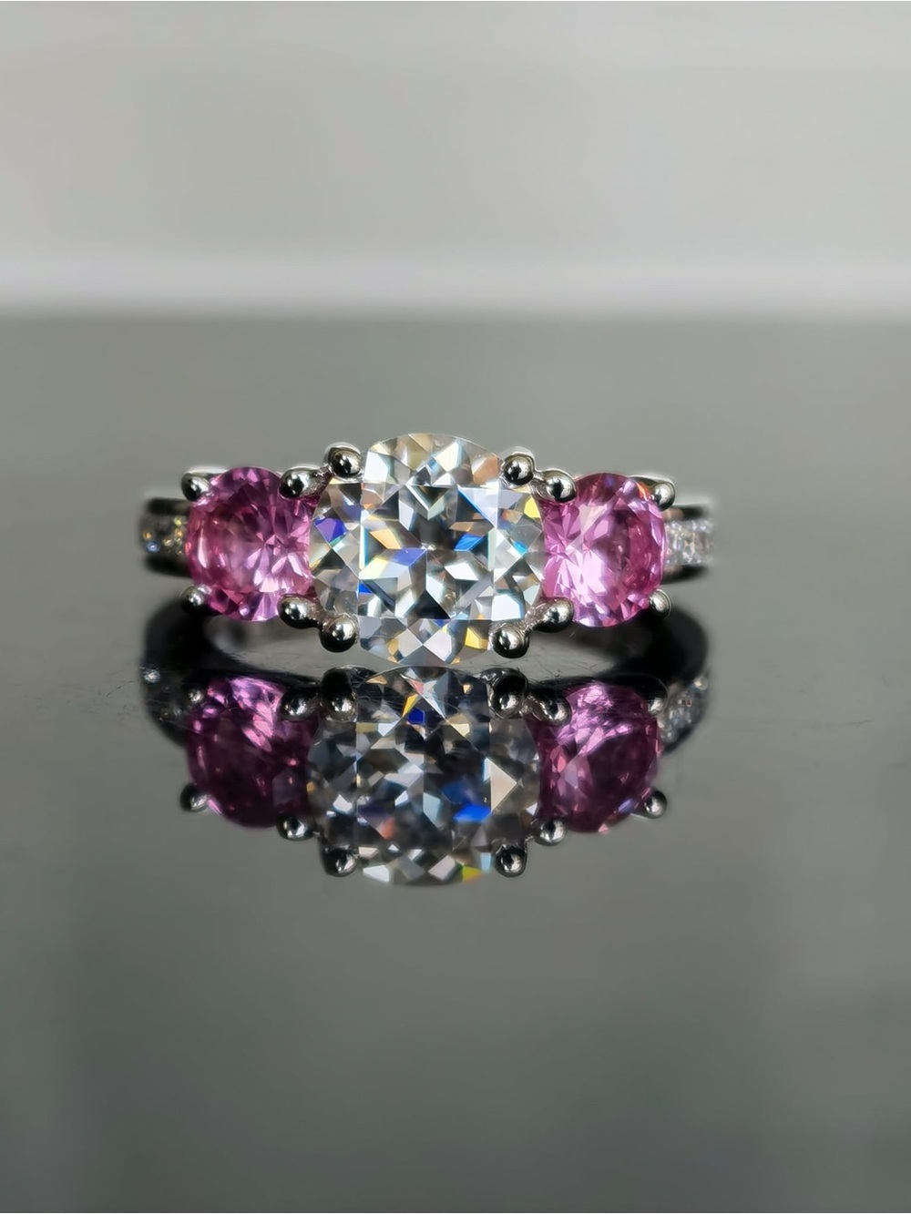 Three-Stone Pink and Clear Solitaire Ring - Women Jewelry